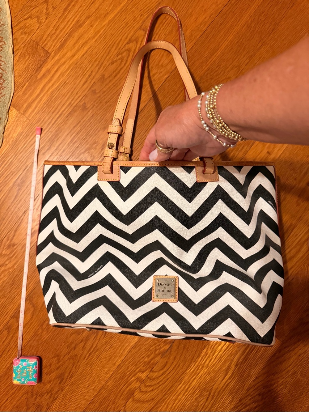 Dooney & Bourke Large Black & White Chevron Tote with Tan Trim